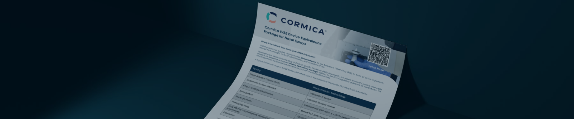 Mockup of Cormica's IVBE Device Equivalence Package flyer for nasal sprays, featuring a testing methodology table and QR code for more information.