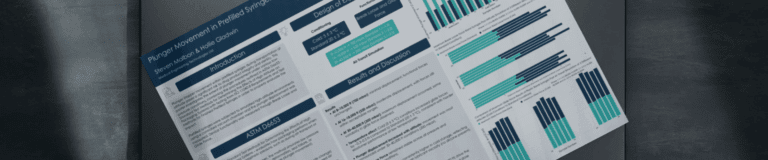poster on a desk showing Cormica’s study into prefilled syringe performance under varying altitudes and temperatures, including comparative data charts.