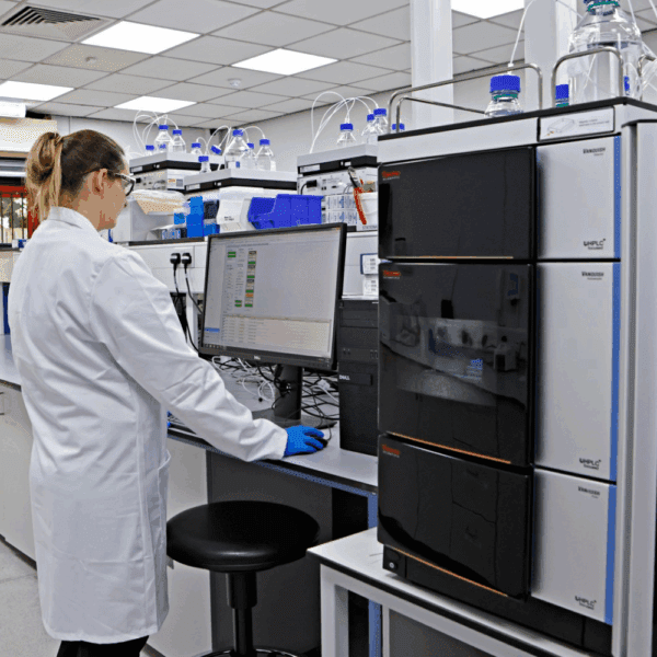 Scientist operating an HPLC-UPLC analytical chromatography system in a laboratory, monitoring sample data on screen as part of pharmaceutical and medical device testing.