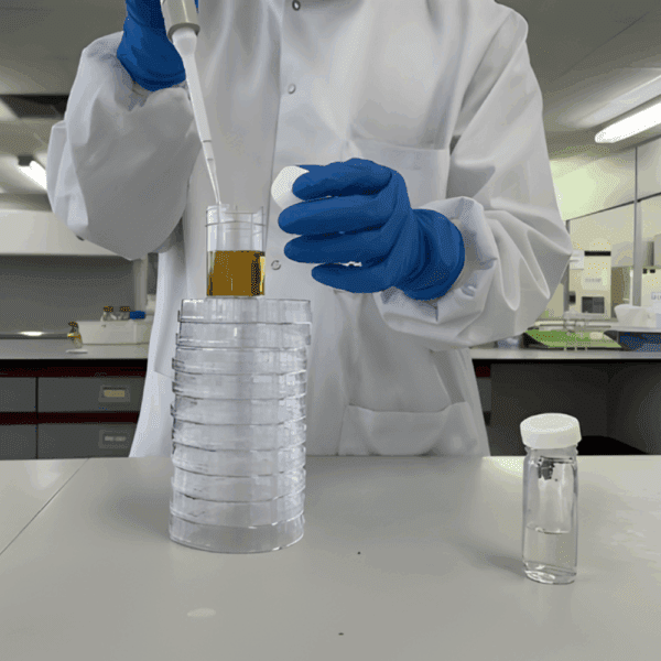 Laboratory scientist wearing a white lab coat and blue gloves uses a pipette to dispense liquid into a sample container placed on a stack of petri dishes, illustrating antimicrobial effectiveness testing in a microbiology laboratory.