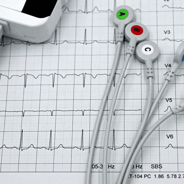 Close-up photograph of ECG electrodes and lead wires placed on an electrocardiogram printout, representing cardiac monitoring device testing and performance evaluation.