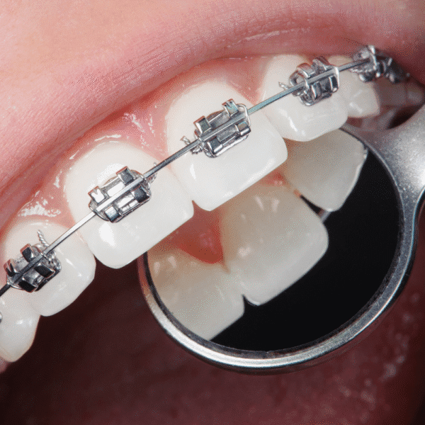 Close-up clinical photograph of metal orthodontic braces on upper teeth with a dental mirror reflecting the lower teeth.