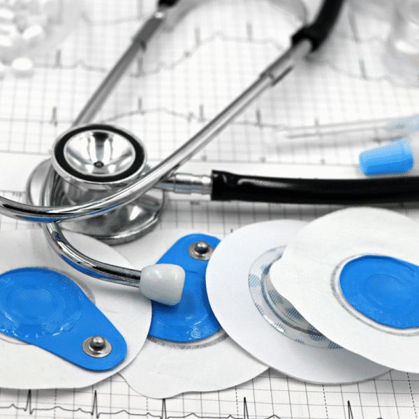 Close-up photograph of ECG electrodes and a stethoscope placed on an electrocardiogram printout, representing cardiovascular monitoring devices.