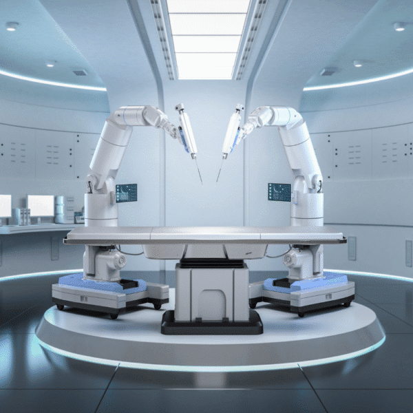 Robotic surgery system in a modern operating room, representing robotic surgical device performance and reliability testing.