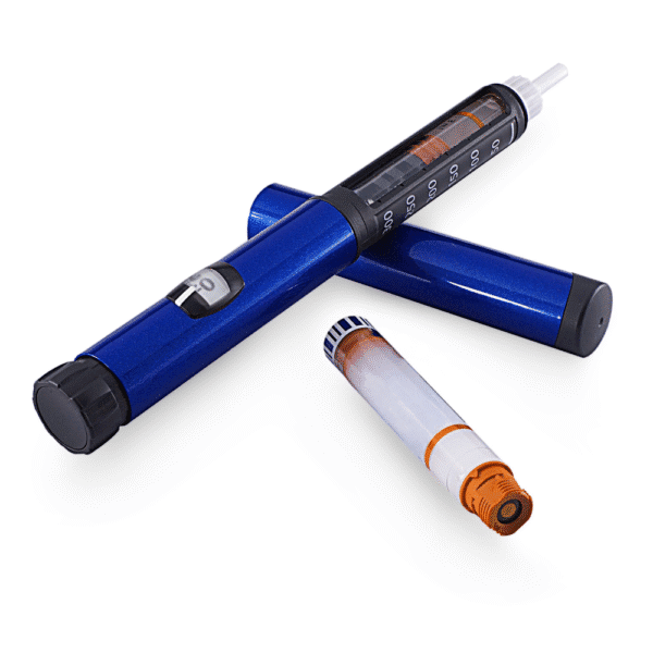 Studio photograph of an auto-injector pen with removable cartridge and cap displayed on a clean white background.