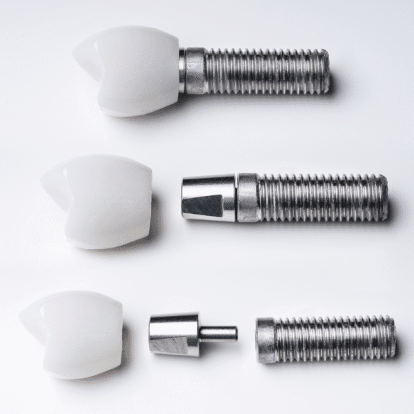 Studio image of dental implant components arranged in rows, showing ceramic crowns alongside threaded titanium implant screws on a clean white background.
