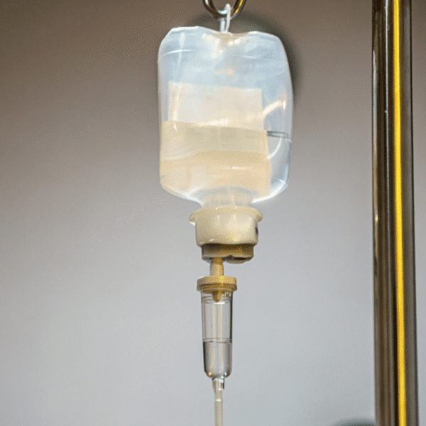 IV infusion bottle with drip chamber and tubing suspended from a medical stand, used for intravenous fluid delivery and infusion therapy.