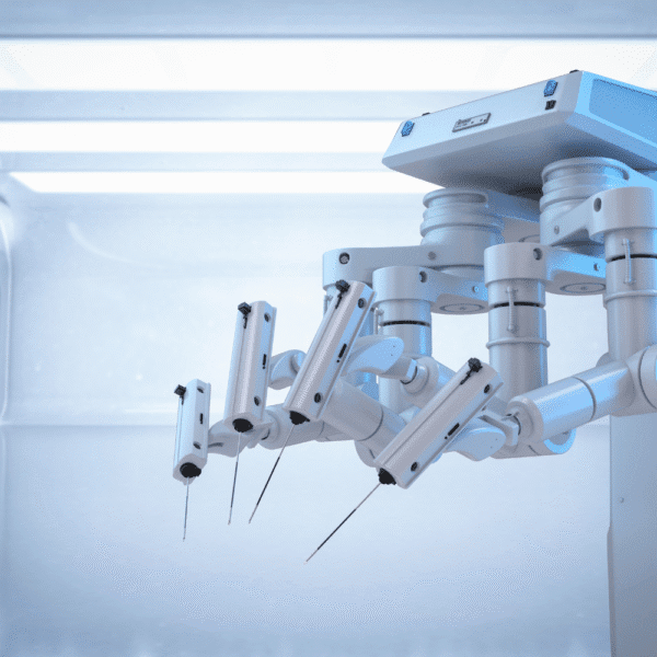 Close-up of multi-arm robotic surgical system with precision instruments used for minimally invasive robotic surgery testing.