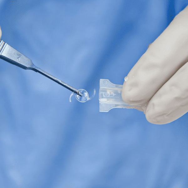 Intraocular lens testing in laboratory environment showing handling of ophthalmic implant for quality control and compliance