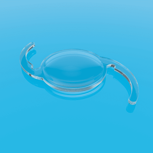 Close-up of intraocular lens implant used in ophthalmic device testing and vision correction procedures