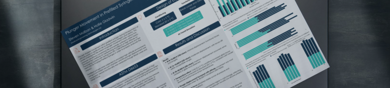poster on a desk showing Cormica’s study into prefilled syringe performance under varying altitudes and temperatures, including comparative data charts.