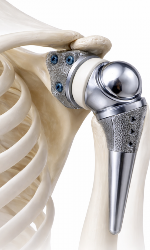 Photorealistic medical render of a total shoulder replacement implant showing a metallic humeral stem and ball articulating with a polyethylene glenoid cup fixed to the shoulder blade, isolated on a white background.